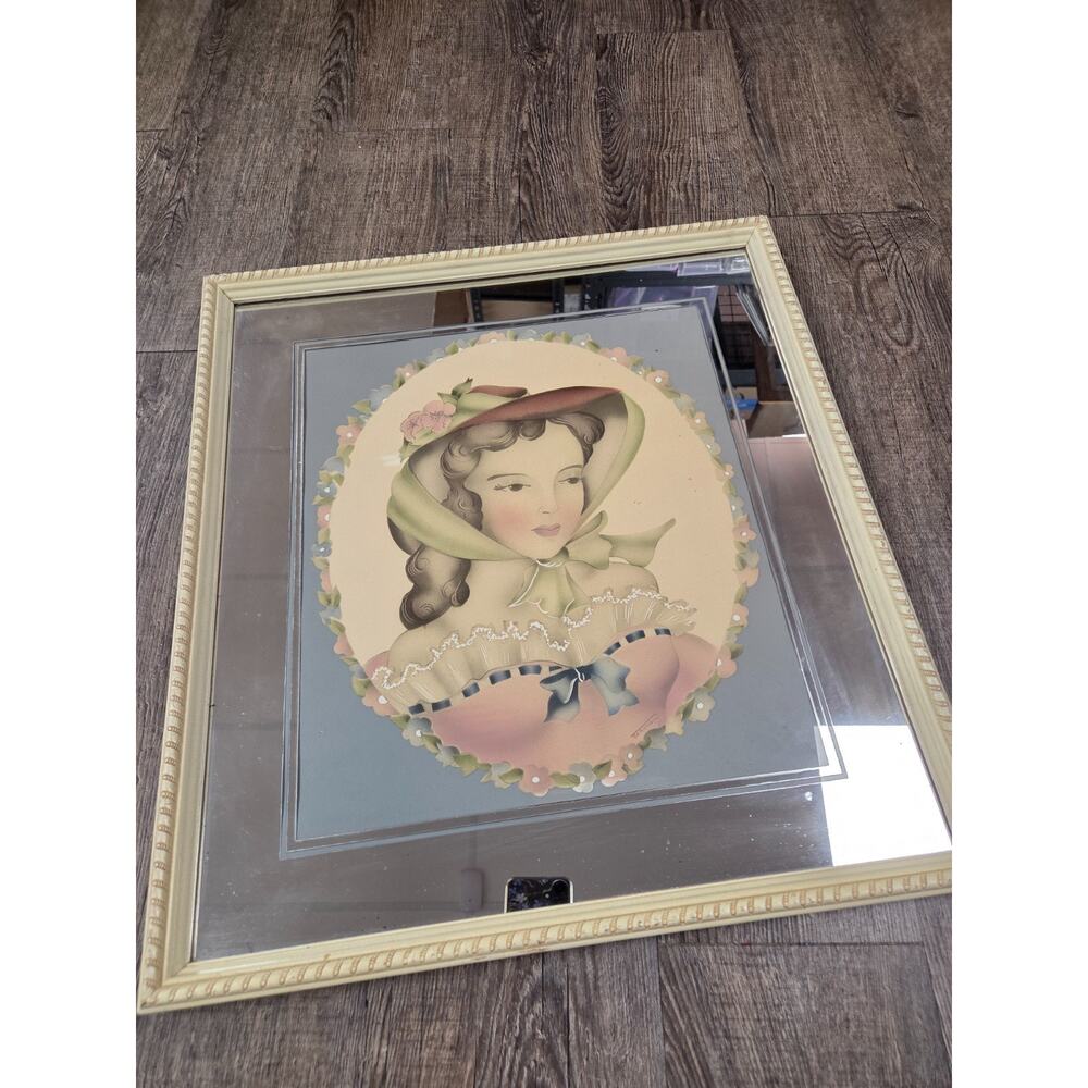 Vintage Terone Bonnet Girl Mirror Victorian Antique Framed Art Wall Decor Ivory